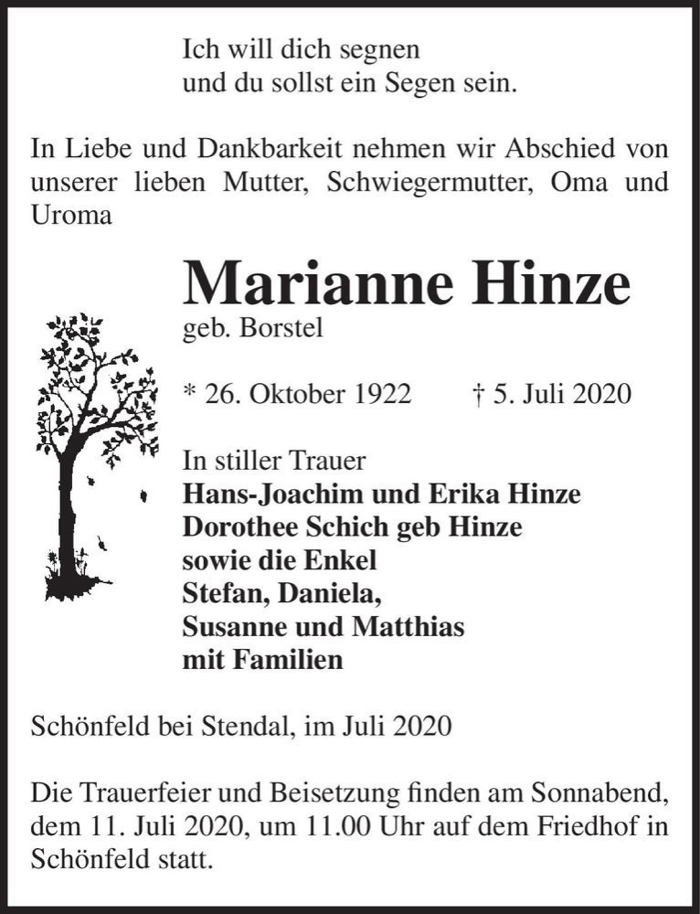  Traueranzeige für Marianne Hinze (geb. Borstel)  vom 08.07.2020 aus Magdeburger Volksstimme