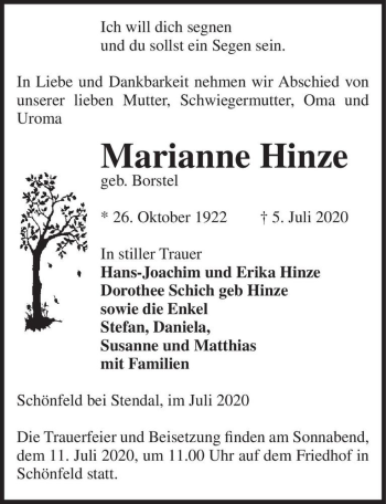 Traueranzeige von Marianne Hinze (geb. Borstel)  von Magdeburger Volksstimme