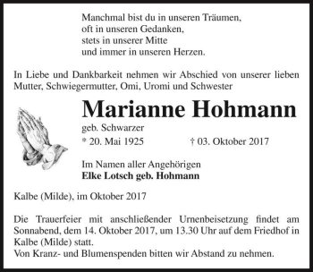 Traueranzeige von Marianne Hohmann (geb. Schwarzer)  von Magdeburger Volksstimme