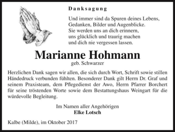 Traueranzeige von Marianne Hohmann (geb. Schwarzer)  von Magdeburger Volksstimme
