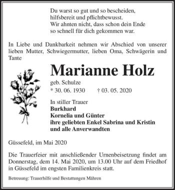 Traueranzeige von Marianne Holz (geb. Schulze)  von Magdeburger Volksstimme
