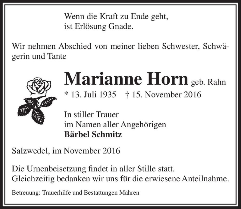  Traueranzeige für Marianne Horn (geb. Rahn)  vom 19.11.2016 aus Magdeburger Volksstimme
