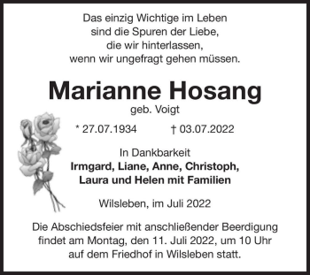 Traueranzeige von Marianne Hosang (geb. Voigt)  von Magdeburger Volksstimme