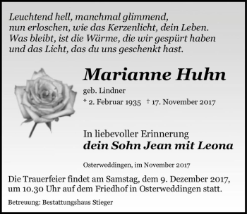 Traueranzeige von Marianne Huhn (geb. Lindner)  von Magdeburger Volksstimme