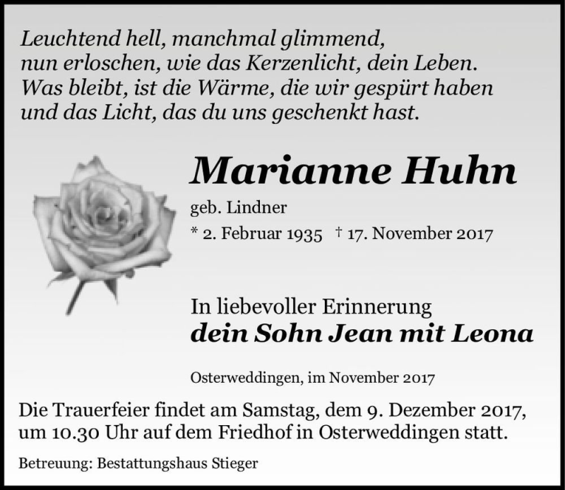  Traueranzeige für Marianne Huhn (geb. Lindner)  vom 02.12.2017 aus Magdeburger Volksstimme