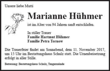Traueranzeige von Marianne Hühmer  von Magdeburger Volksstimme