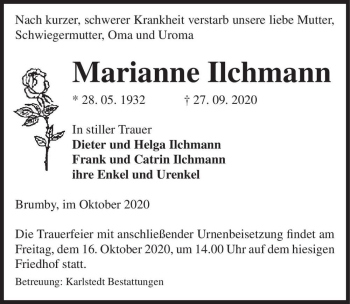 Traueranzeige von Marianne Ilchmann  von Magdeburger Volksstimme