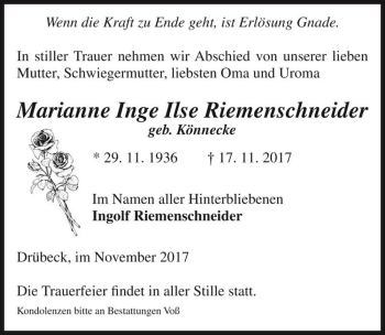 Traueranzeige von Marianne Inge Ilse Riemenschneider (geb. Könnecke)  von Magdeburger Volksstimme