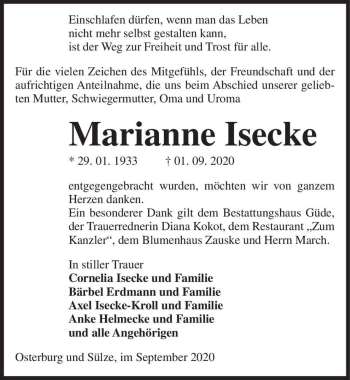 Traueranzeige von Marianne Isecke  von Magdeburger Volksstimme