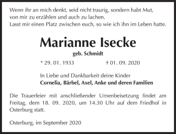 Traueranzeige von Marianne Isecke (geb. Schmidt)  von Magdeburger Volksstimme