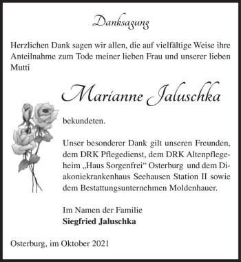 Traueranzeige von Marianne Jaluschka  von Magdeburger Volksstimme