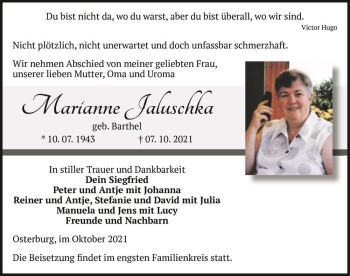 Traueranzeige von Marianne Jaluschka (geb. Barthel)  von Magdeburger Volksstimme