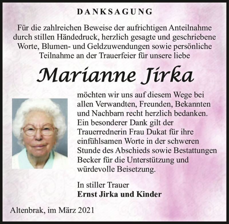  Traueranzeige für Marianne Jirka  vom 27.03.2021 aus Magdeburger Volksstimme