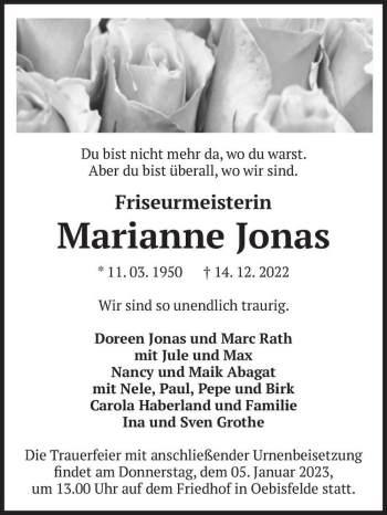 Traueranzeige von Marianne Jonas  von Magdeburger Volksstimme