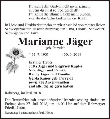 Traueranzeige von Marianne Jäger (geb. Parreidt)  von Magdeburger Volksstimme