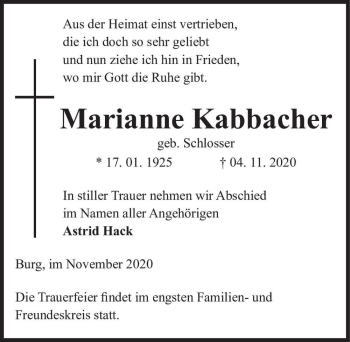Traueranzeige von Marianne Kabbacher (geb. Schlosser)  von Magdeburger Volksstimme