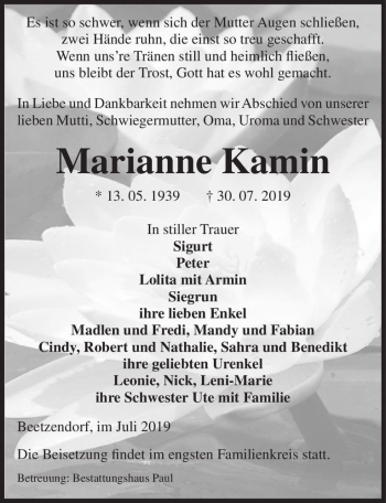 Traueranzeige von Marianne Kamin  von Magdeburger Volksstimme