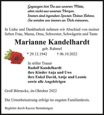 Traueranzeige von Marianne Kandelhardt (geb. Rahmel)  von Magdeburger Volksstimme
