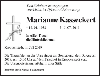 Traueranzeige von Marianne Kasseckert  von Magdeburger Volksstimme