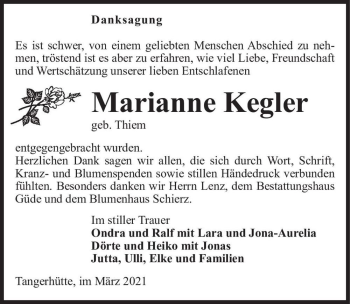 Traueranzeige von Marianne Kegler (geb. Thiem)  von Magdeburger Volksstimme