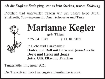 Traueranzeige von Marianne Kegler (geb. Thiem)  von Magdeburger Volksstimme