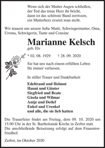 Traueranzeige von Marianne Kelsch (geb. Els)  von Magdeburger Volksstimme