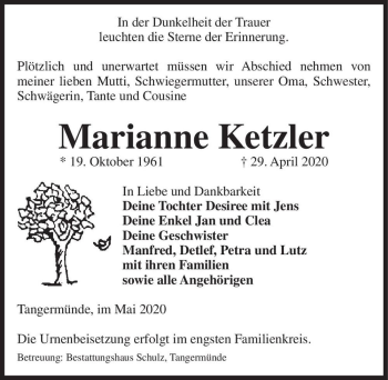 Traueranzeige von Marianne Ketzler  von Magdeburger Volksstimme