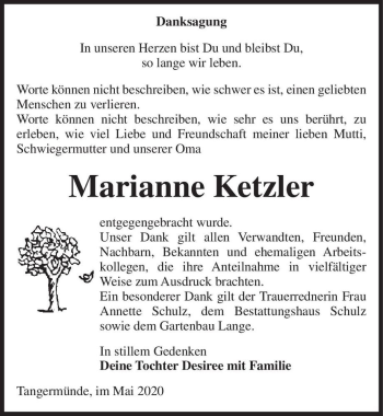 Traueranzeige von Marianne Ketzler  von Magdeburger Volksstimme
