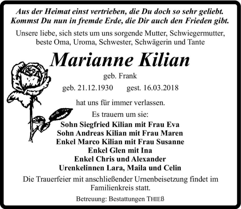  Traueranzeige für Marianne Kilian (geb. Frank)  vom 24.03.2018 aus Magdeburger Volksstimme