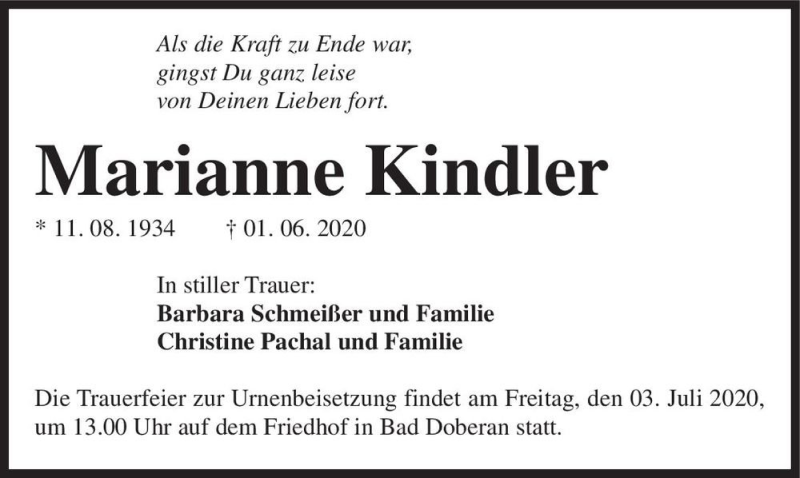  Traueranzeige für Marianne Kindler  vom 13.06.2020 aus Magdeburger Volksstimme