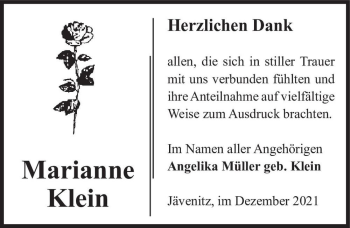 Traueranzeige von Marianne Klein  von Magdeburger Volksstimme