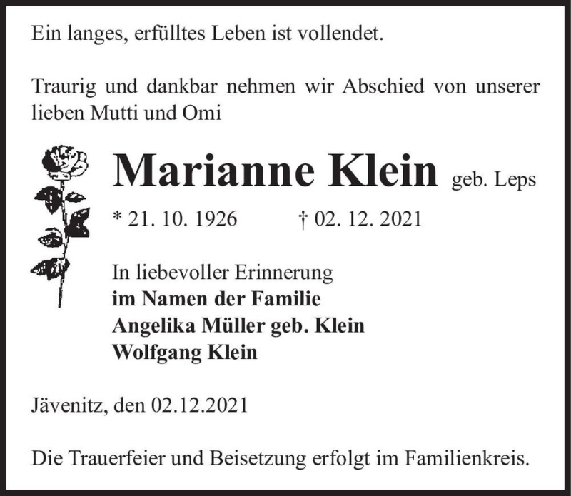  Traueranzeige für Marianne Klein (geb. Leps)  vom 07.12.2021 aus Magdeburger Volksstimme