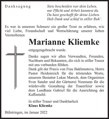 Traueranzeige von Marianne Kliemke  von Magdeburger Volksstimme
