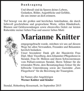 Traueranzeige von Marianne Knitter  von Magdeburger Volksstimme