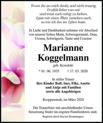 Traueranzeige von Marianne Koggelmann (geb. Kowalski)  von Magdeburger Volksstimme
