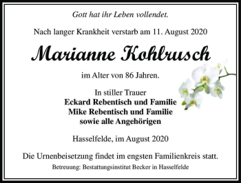 Traueranzeige von Marianne Kohlrusch  von Magdeburger Volksstimme