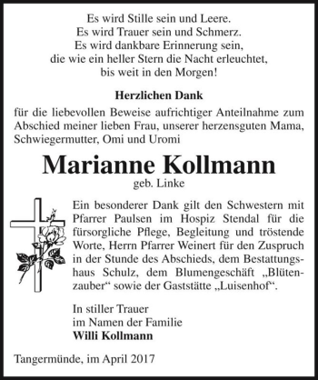 Traueranzeige von Marianne Kollmann (geb. Linke)  von Magdeburger Volksstimme