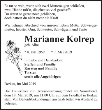 Traueranzeige von Marianne Kolrep (geb. Albe)  von Magdeburger Volksstimme