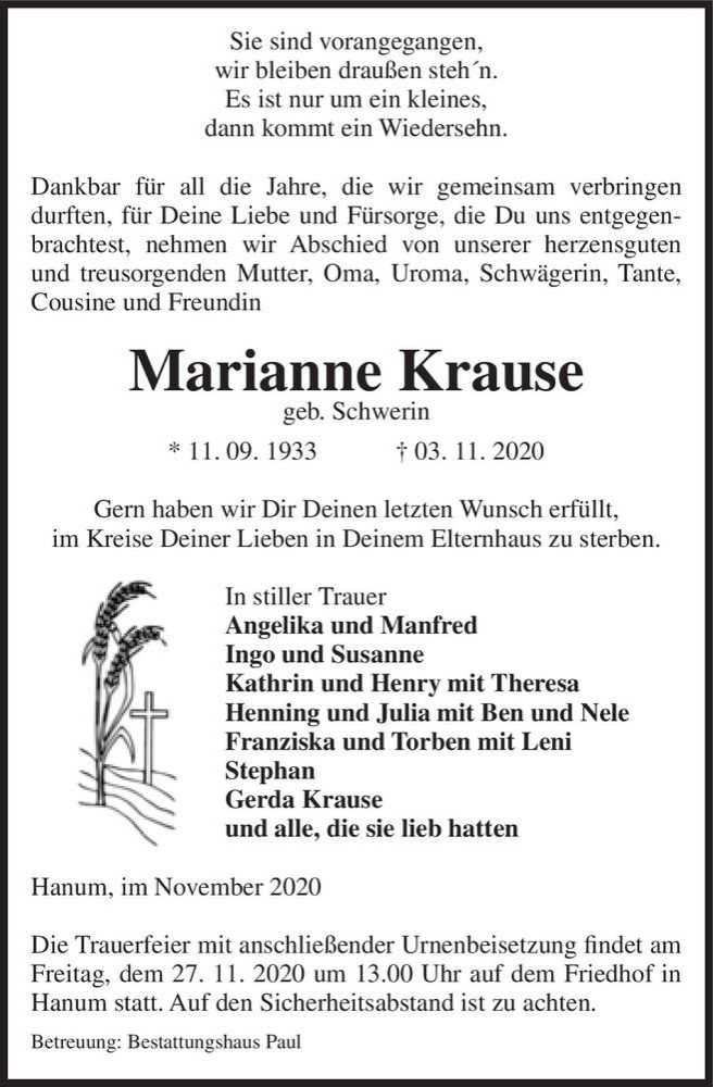  Traueranzeige für Marianne Krause (geb. Schwerin)  vom 07.11.2020 aus Magdeburger Volksstimme