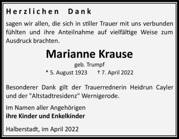 Traueranzeige von Marianne Krause (geb. Trumpf)  von Magdeburger Volksstimme
