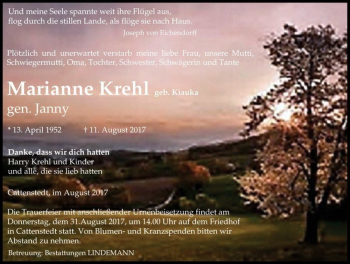 Traueranzeige von Marianne Krehl (geb. Kiauka) gen. Janny  von Magdeburger Volksstimme