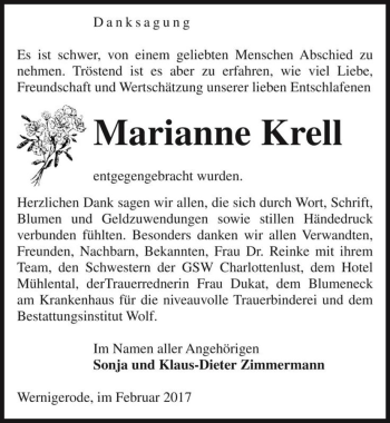 Traueranzeige von Marianne Krell  von Magdeburger Volksstimme