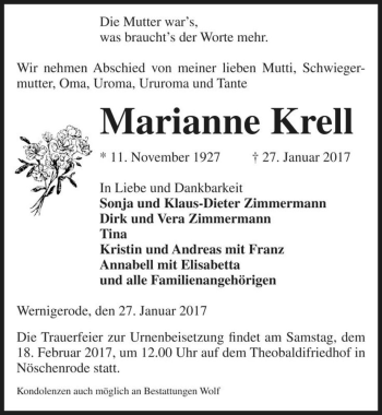Traueranzeige von Marianne Krell  von Magdeburger Volksstimme
