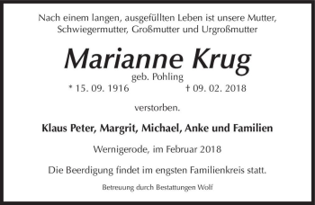 Traueranzeige von Marianne Krug (geb. Pohling)  von Magdeburger Volksstimme