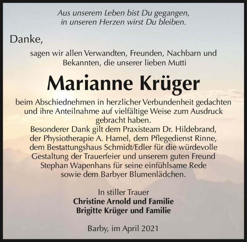  Traueranzeige für Marianne Krüger  vom 10.04.2021 aus Magdeburger Volksstimme