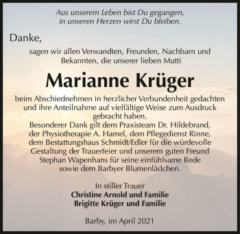 Traueranzeige von Marianne Krüger  von Magdeburger Volksstimme