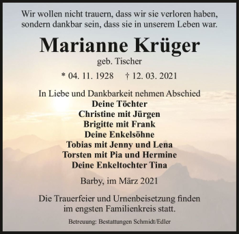 Traueranzeige von Marianne Krüger (geb. Tischer)  von Magdeburger Volksstimme