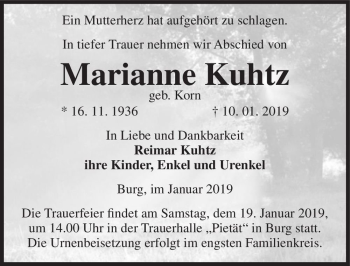 Traueranzeige von Marianne Kuhtz (geb. Korn)  von Magdeburger Volksstimme
