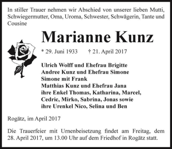 Traueranzeige von Marianne Kunz  von Magdeburger Volksstimme