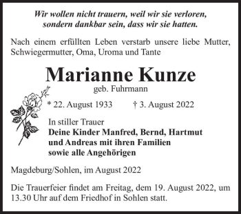 Traueranzeige von Marianne Kunze (geb. Fuhrmann)  von Magdeburger Volksstimme
